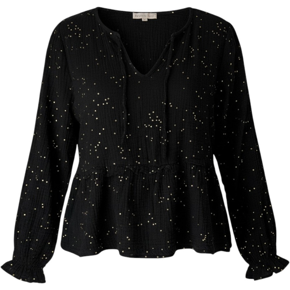 Peace n' Love Women Black Gold Foil Polka Dot Gauze Peplum Top M/L